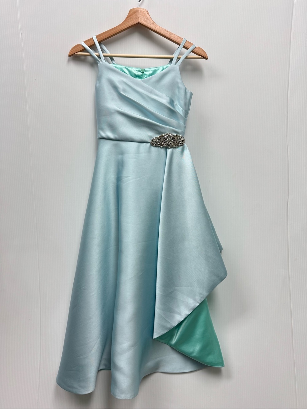 Bonnie Jean Light Aqua Blue Satin Party Dress with Jewel Brooch
